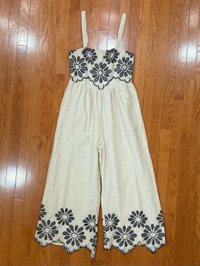 Sleeveless Cream Jumpsuit with Black Floral Embroidery